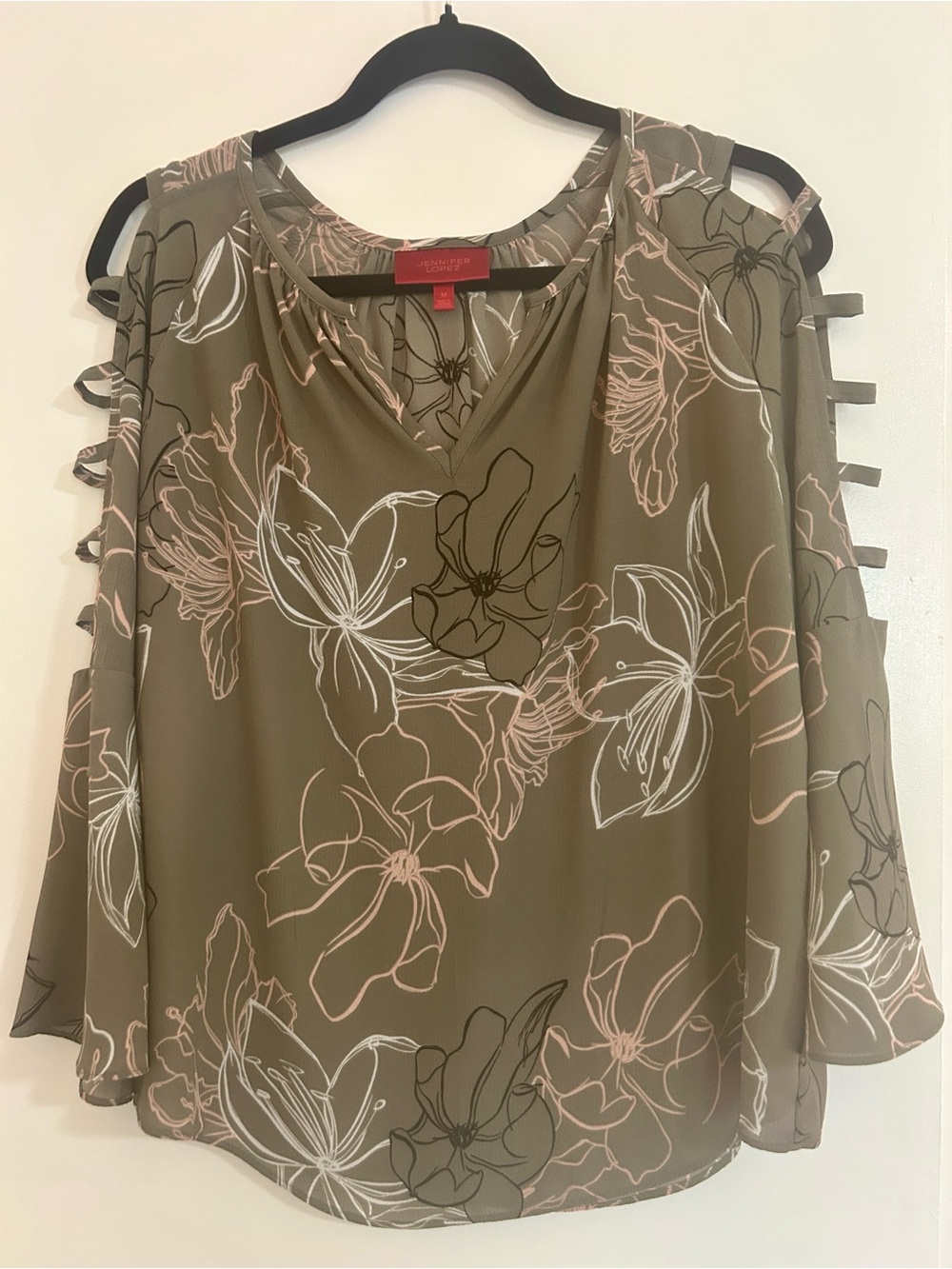 Jennifer Lopez Olive Green Cold Shoulder Floral Blouse Medium M